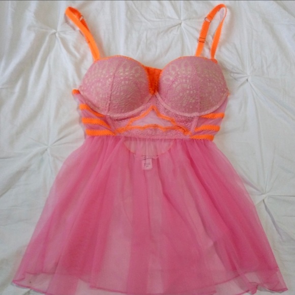 Victoria’s Secret Pink & Orange Lace Babydoll Push-Up Bustier Lingerie Teddy - Picture 11 of 16